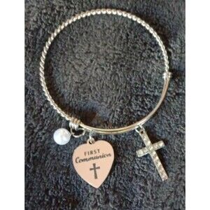 Bracelet New Womans Girls Expandable Bangle 1st Communion Charms Silver Tone